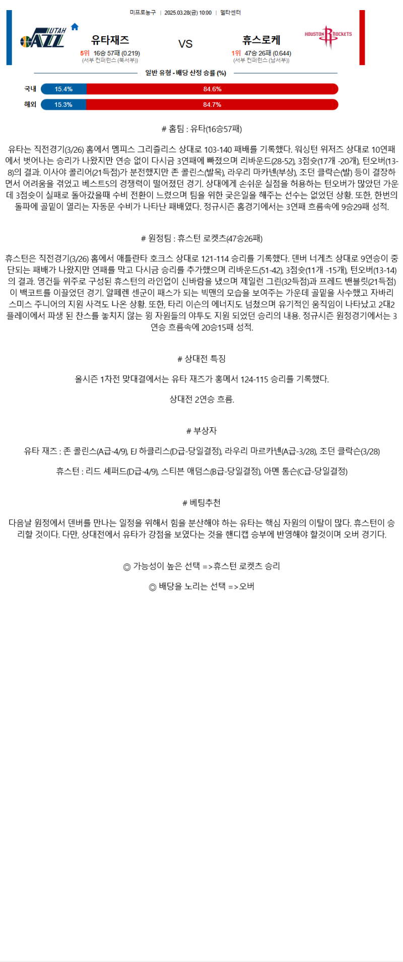 2025년 03월 28일 유타 휴스턴 해외농구 중계 및 분석 올스티비