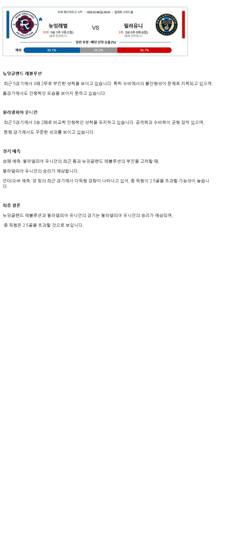 2025년 03월 09일 뉴잉글랜드 필라델피아 해외축구 중계 및 분석 올스티비