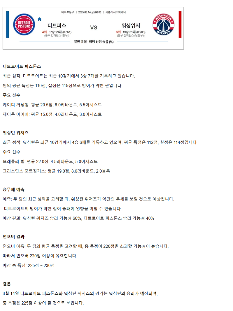 2025년3월14일 디트로이트 피스톤스 워싱턴 위저즈 해외농구 분석 및 중계 올스티비