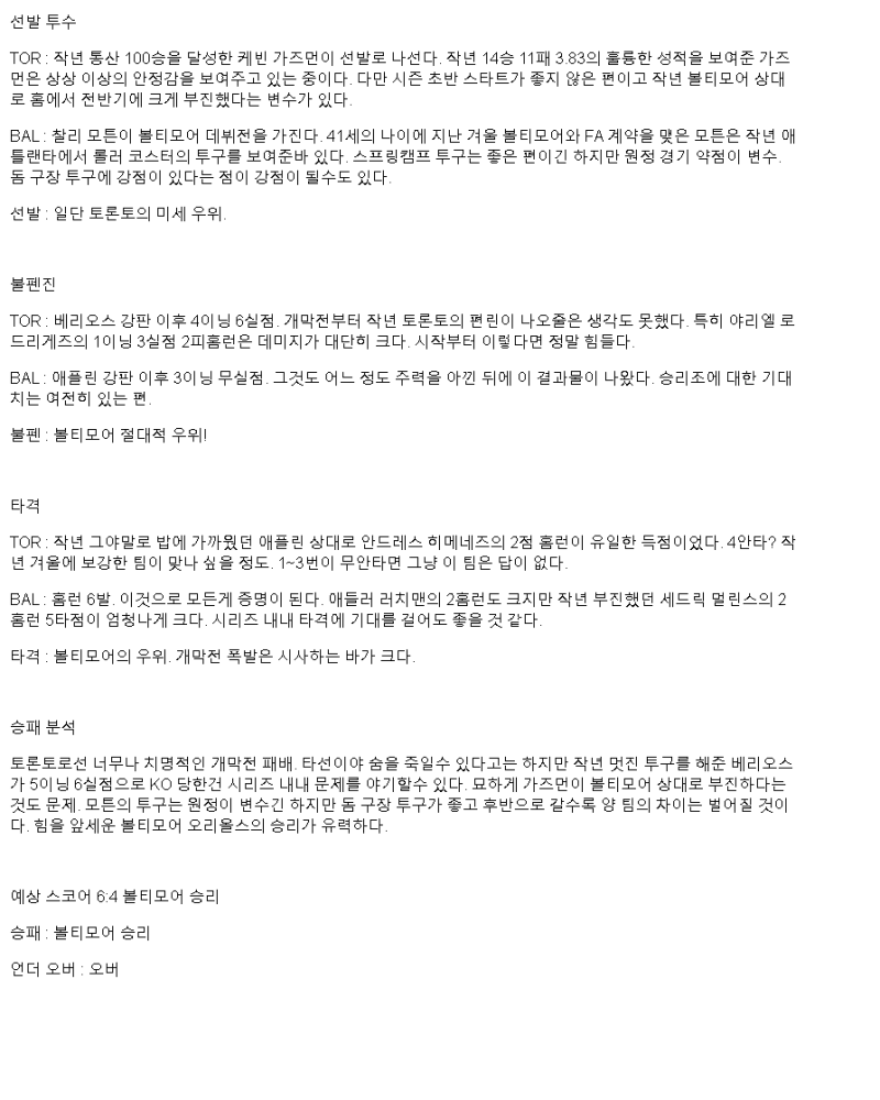2025년 03월 29일 토론토 볼티모어 미국야구 중계 및 분석 올스티비