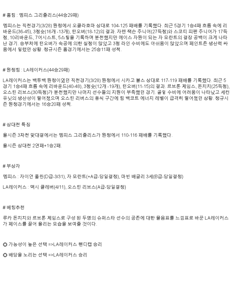 2025년 03월 30일 멤피스 LA레이커스 미국농구 중계 및 분석 올스티비
