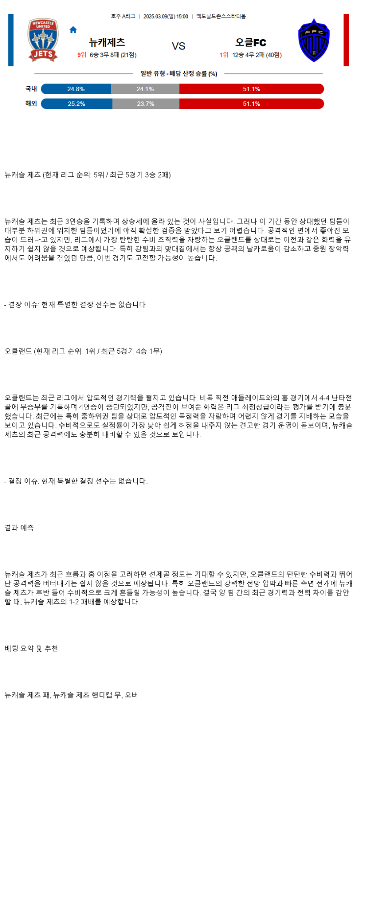 2025년 03월 09일 뉴캐슬제츠 오클랜드 해외스포츠 중계 및 분석 올스티비