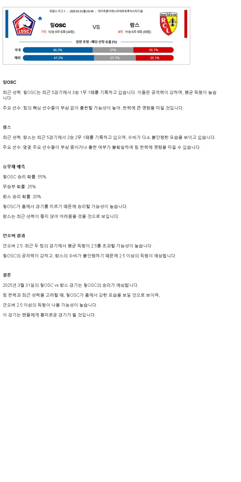 2025년 03월 31일 릴 랑스 해외축구 중계 및 분석 올스티비