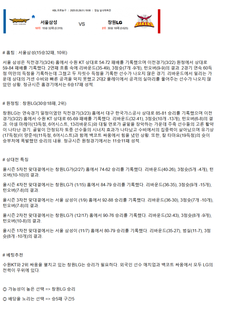 2025년3월26일 서울 삼성 썬더스 창원 LG 세이커스 KBL 올스티비