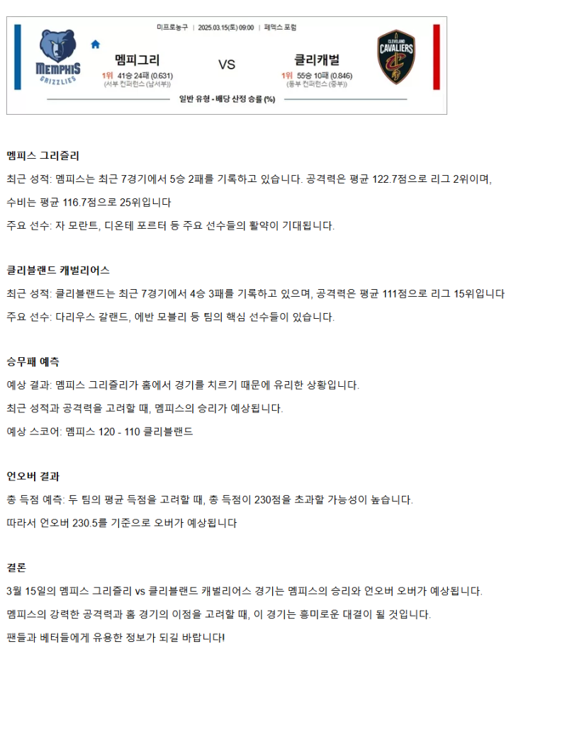 2025년3월15일 멤피스 그리즐리스 클리블랜드 캐벌리어스 NBA 중계 및 분석 올스티비