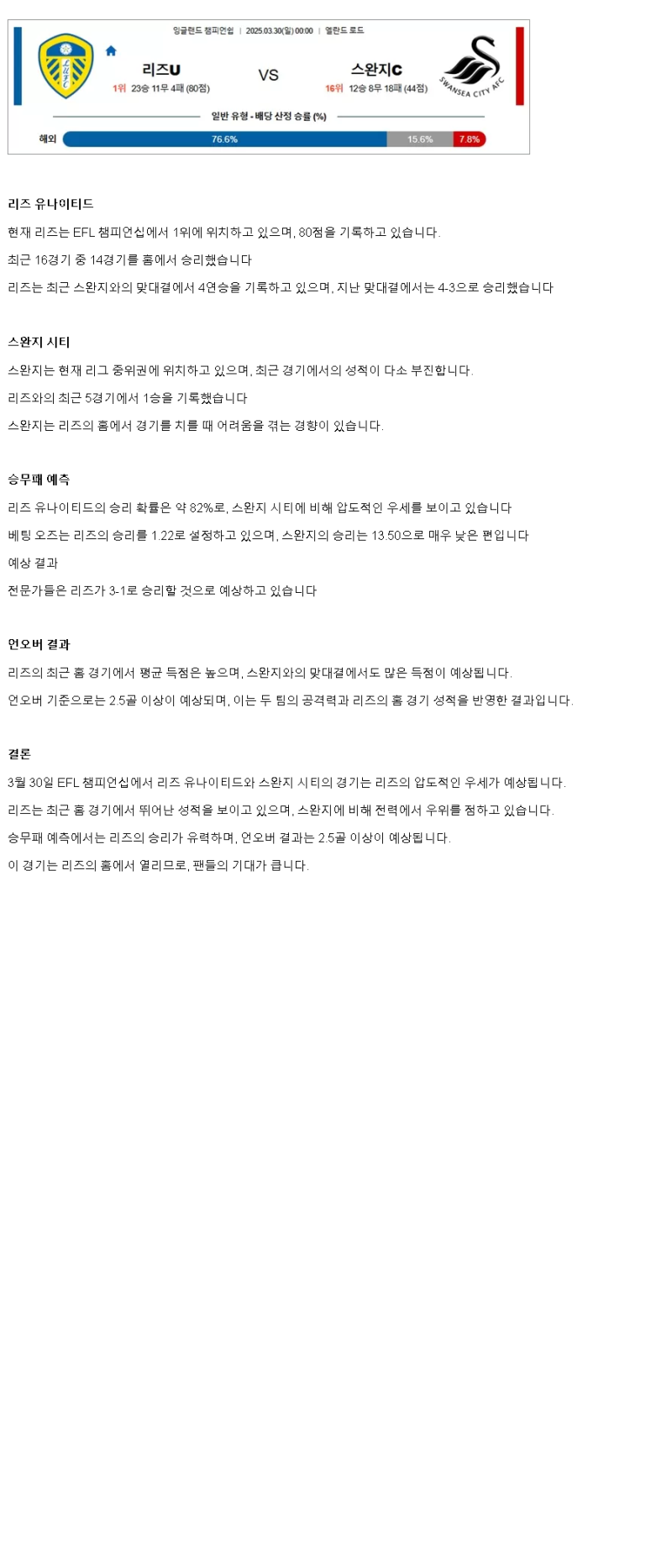 2025년 03월 30일 리즈 스완지 해외스포츠 분석 및 중계 올스티비