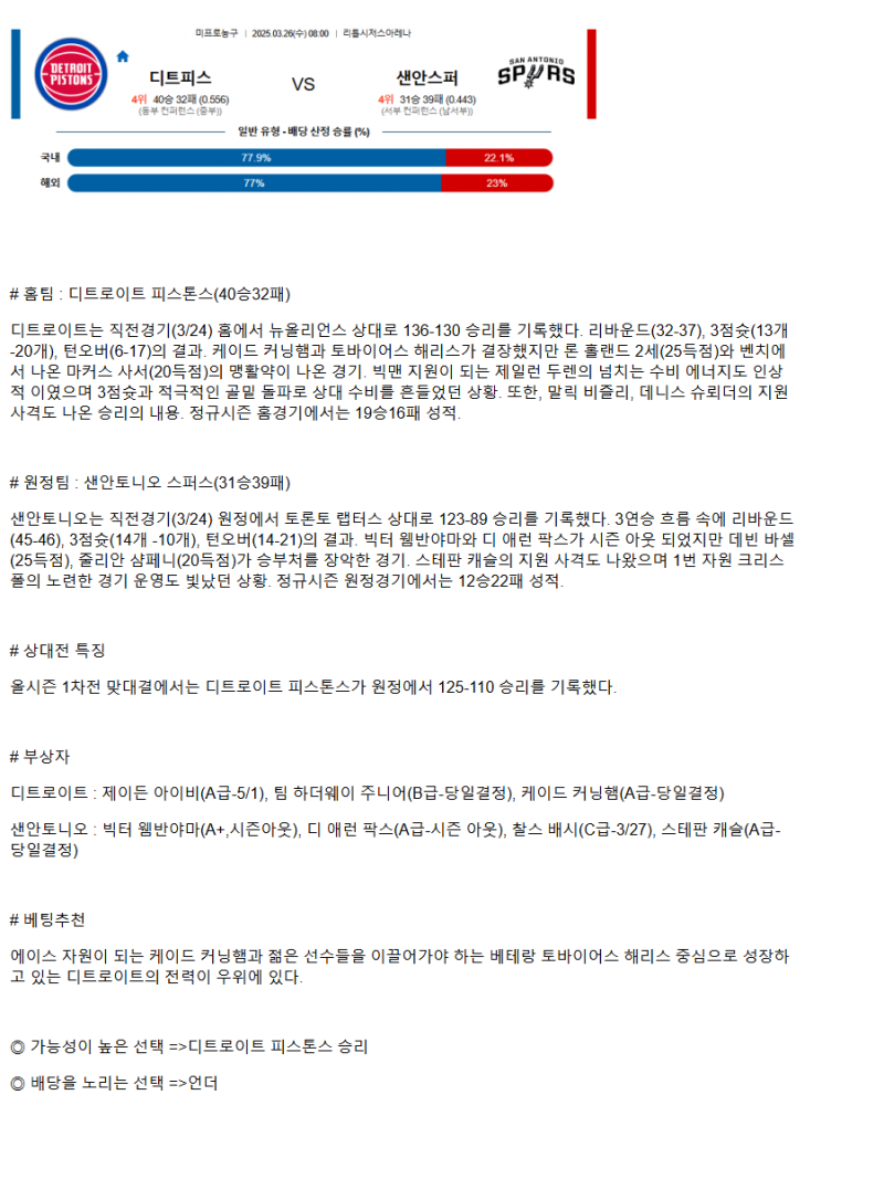 2025년3월26일 디트로이트 피스톤스 샌안토니오 스퍼스 NBA 중계 및 분석 올스티비