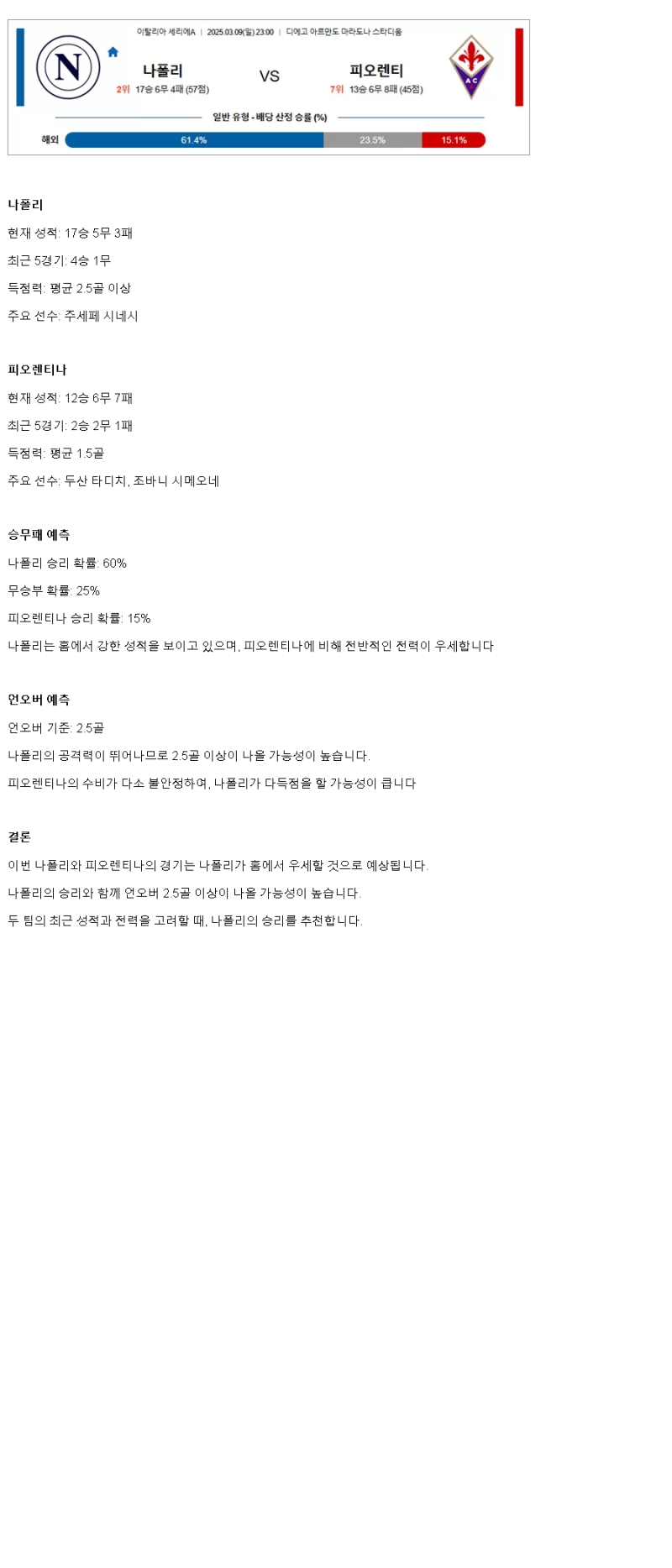 2025년 03월 09일 나폴리 피오렌티나 스포츠 분석 및 중계 올스티비