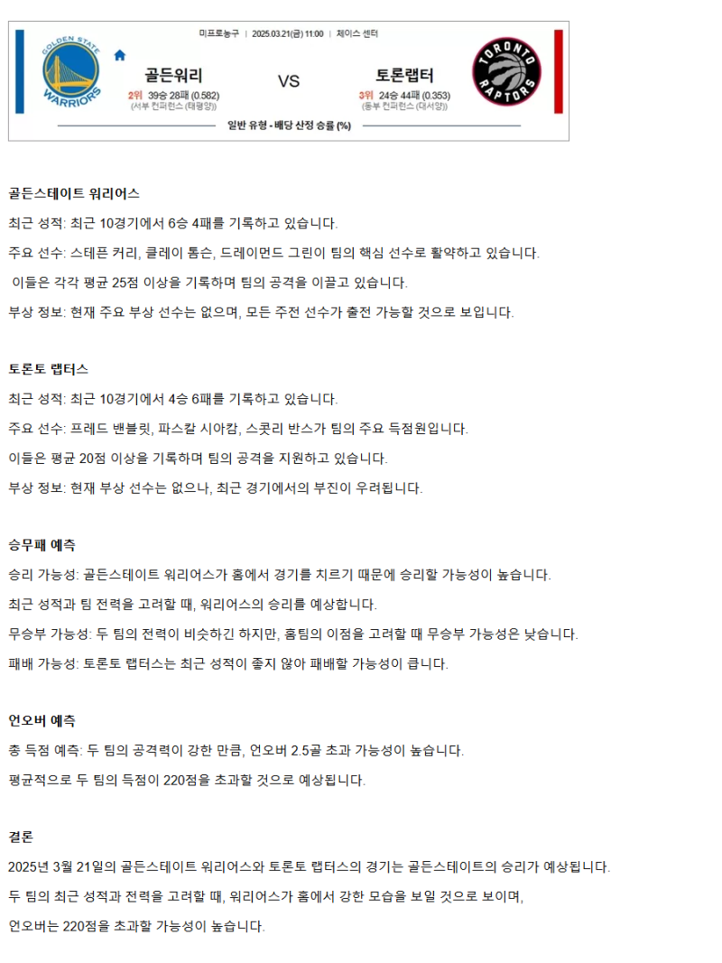 2025년3월21일 골든스테이트 워리어스 토론토 랩터스 해외농구 분석 및 중계 올스티비