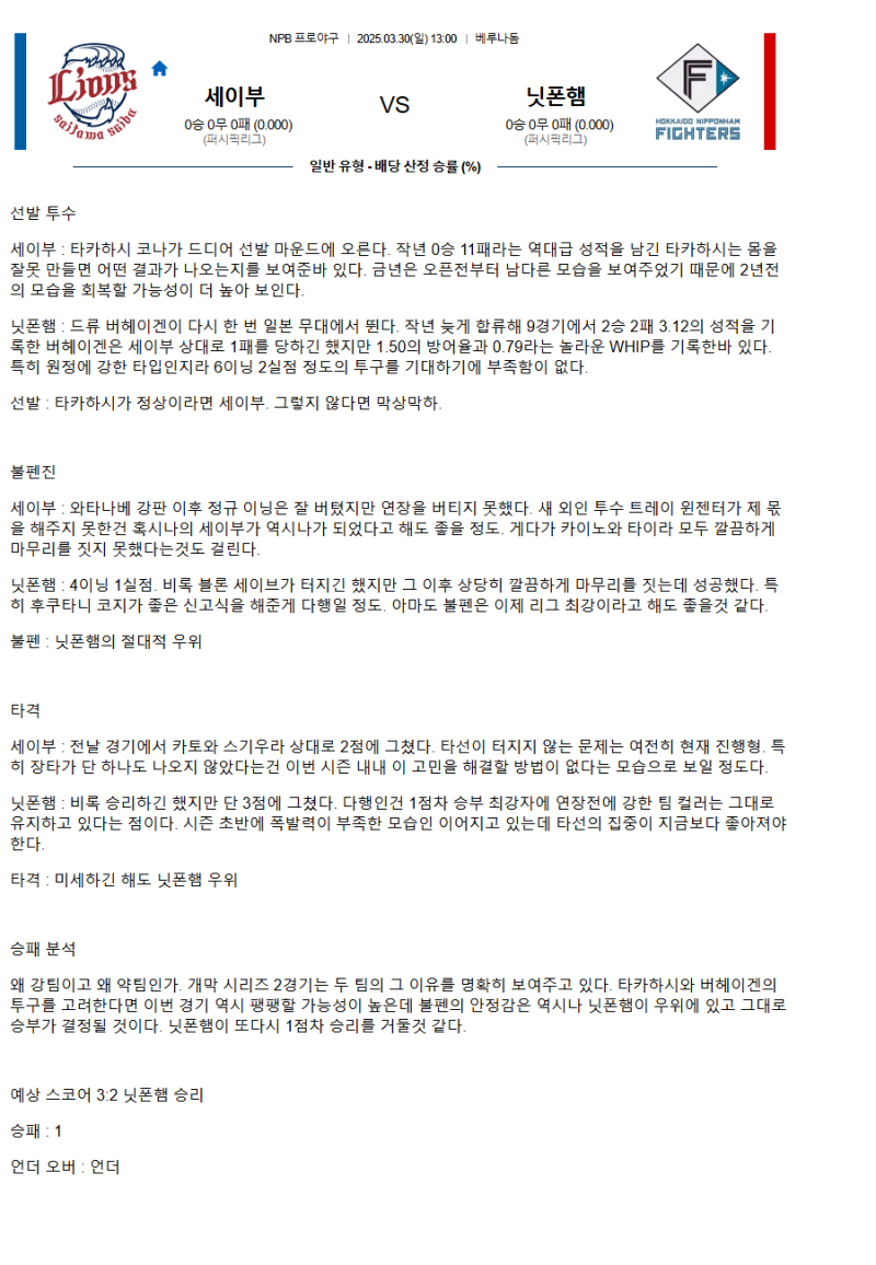 2025년3월30일 닛폰햄 파이터스 세이부 라이온스 NPB 중계 및 분석 올스티비