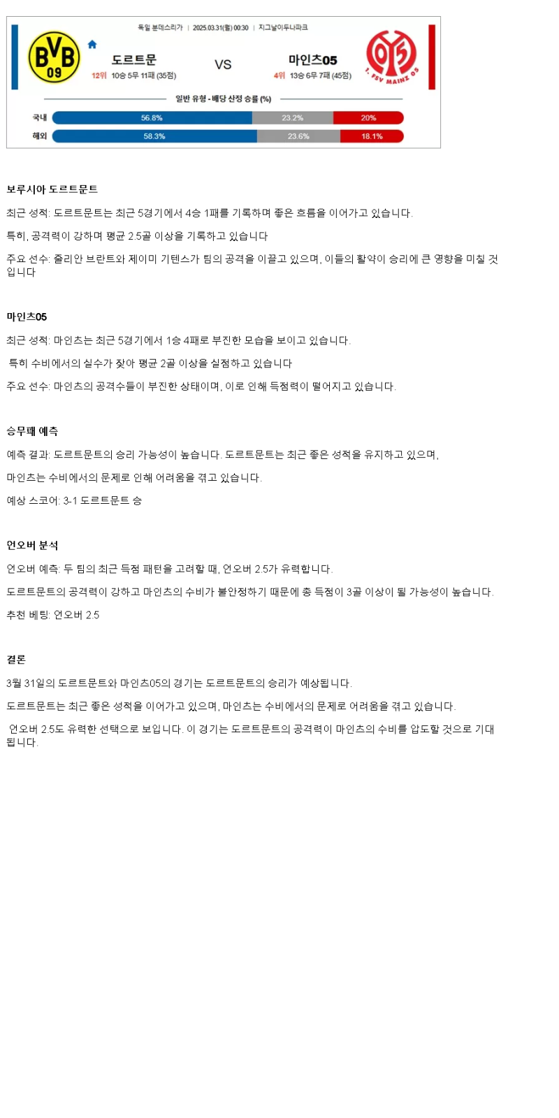 2025년 03월 31일 도르트문트 마인츠 스포츠 분석 및 중계 올스티비