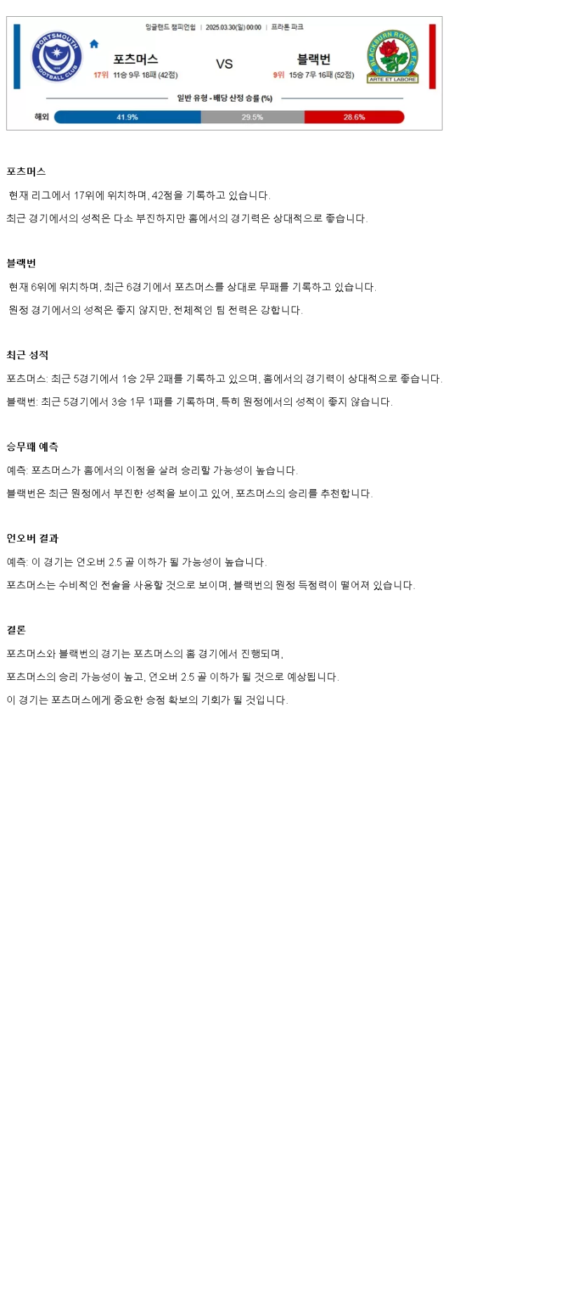 2025년 03월 30일 포츠머스 블랙번 스포츠 분석 및 중계 올스티비