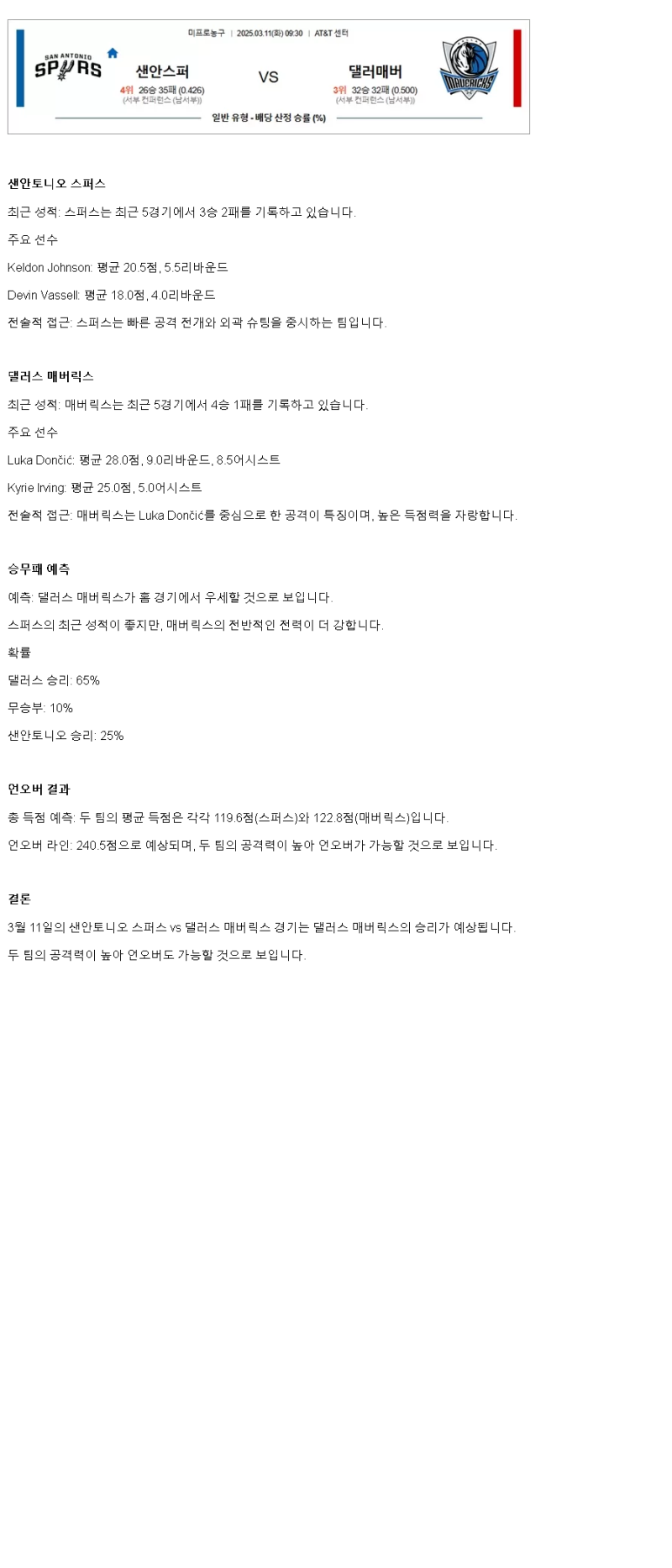 2025년 03월 11일 샌안토니오 댈러스 미국농구 중계 및 분석 올스티비