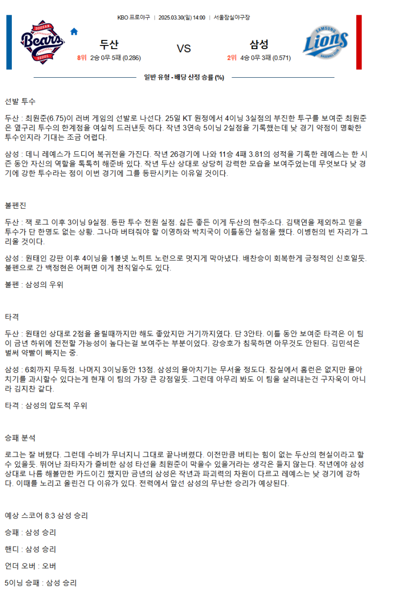 2025년 03월 30일 삼성 라이온즈 두산 베어스 한국야구 분석 및 중계 올스티비