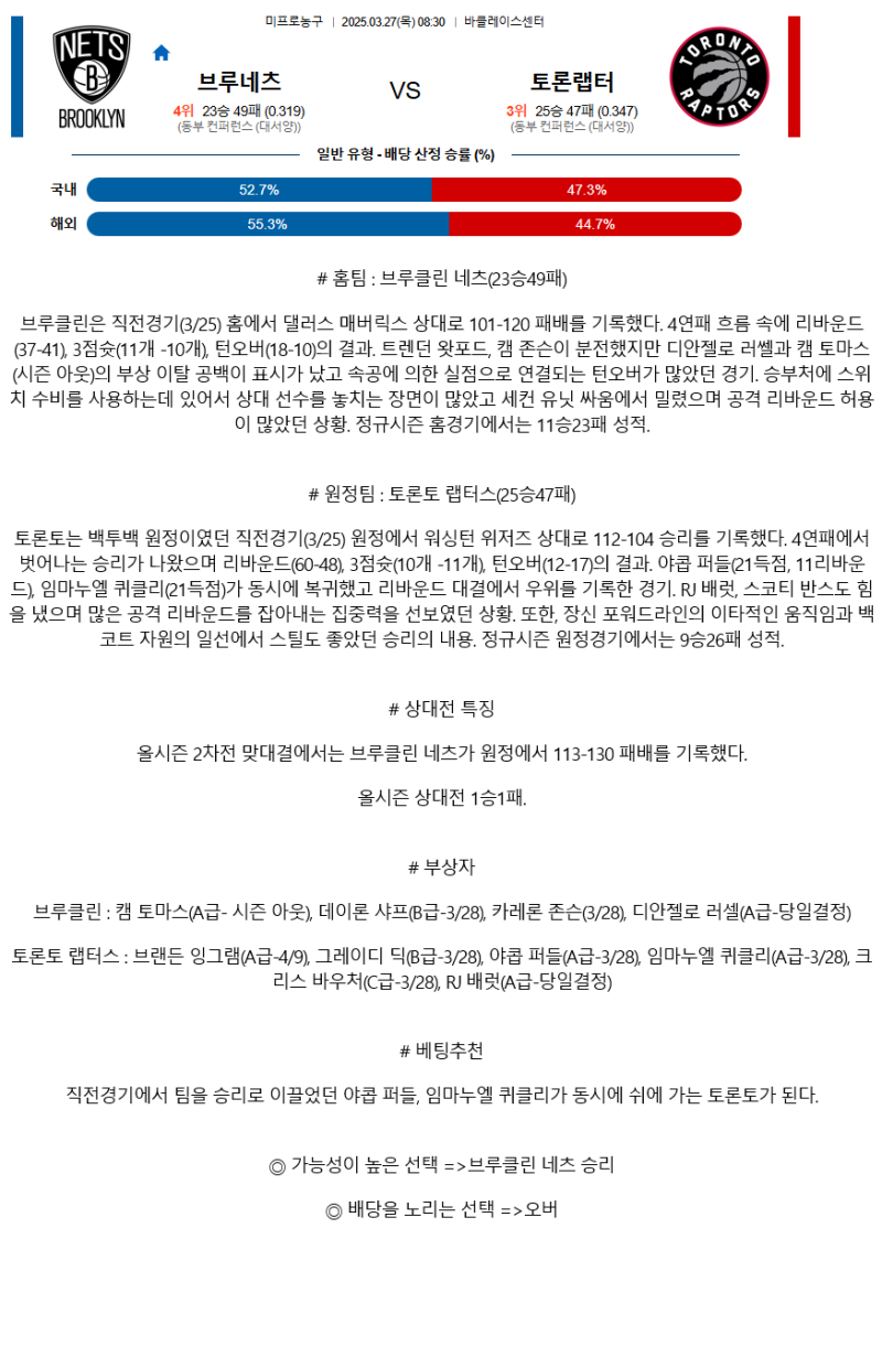 2025년 03월 27일 브루클린 토론토 NBA 중계 및 분석 올스티비