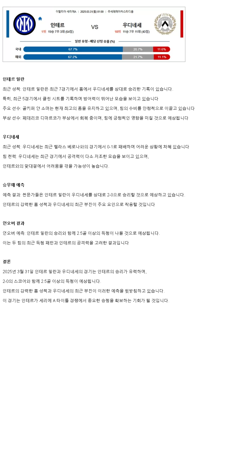 2025년 03월 31일 인테르 우디네세 스포츠 분석 및 중계 올스티비