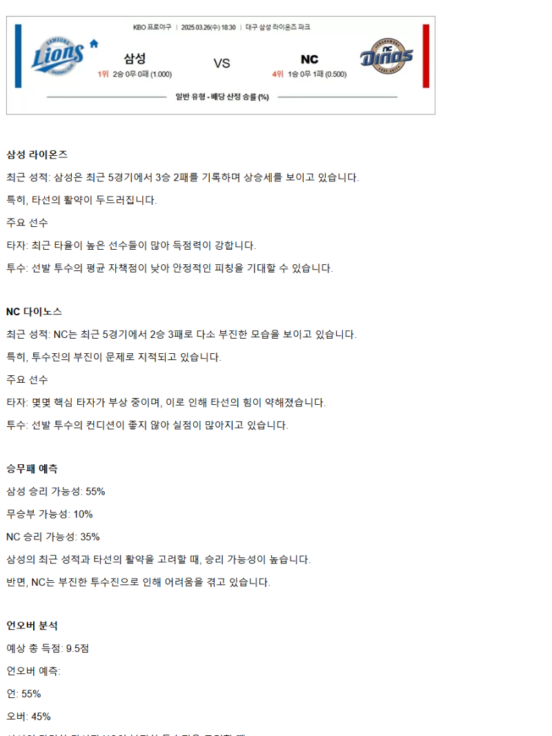 2025년 03월 26일 NC 다이노스 삼성 라이온즈 국내야구 분석 및 중계 올스티비