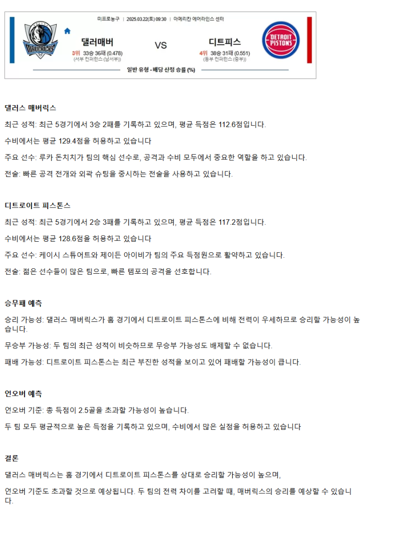 2025년3월22일 댈러스 매버릭스 디트로이트 피스톤스 NBA 분석 및 중계 올스티비