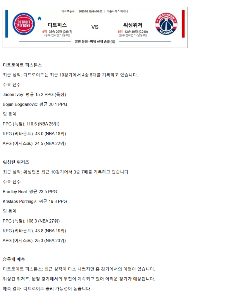 2025년3월12일 디트로이트 피스톤스 워싱턴 위저즈 NBA 중계 및 분석 올스티비