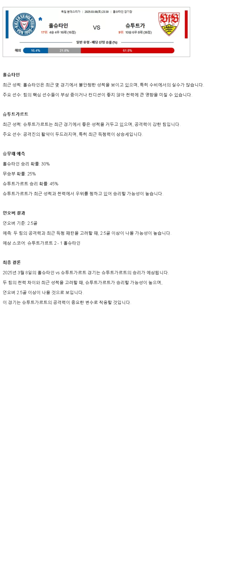 2025년 03월 08일 홀슈타인 슈투트가르트 해외축구 분석 및 중계 올스티비
