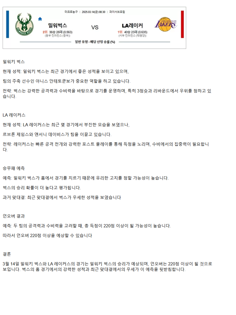 2025년3월14일 밀워키 벅스 LA 레이커스 미국농구 분석 및 중계 올스티비