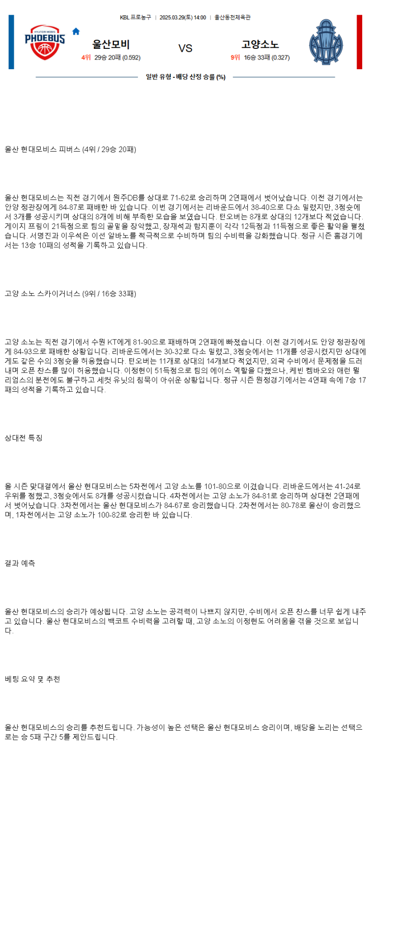 2025년 03월 29일 울산 현대모비스 고양 소노 KBL 올스티비