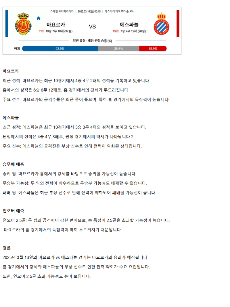 2025년 03월 16일 마요르카 에스파뇰 해외스포츠 분석 및 중계 올스티비
