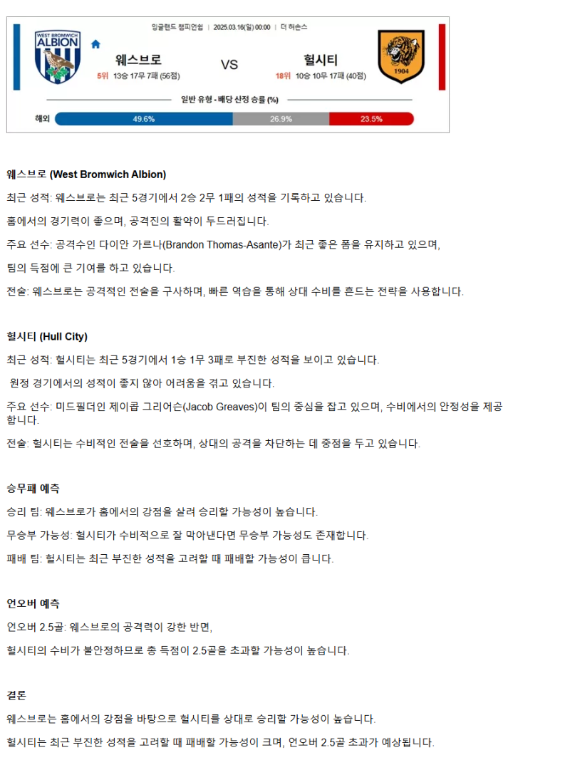 2025년 03월 16일 웨스브로미치 헐시티 스포츠 분석 및 중계 올스티비