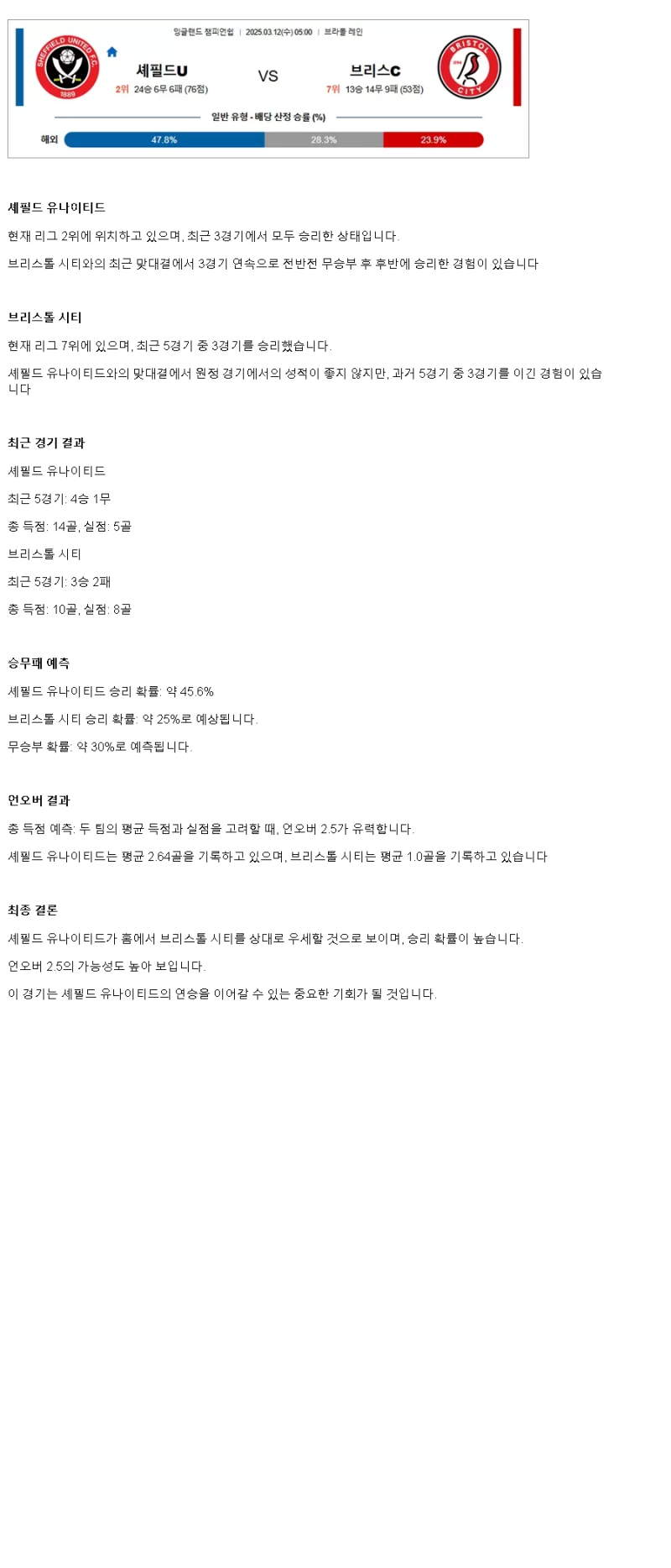 2025년 03월 12일 셰필드 브리스톨 스포츠 중계 및 분석 올스티비