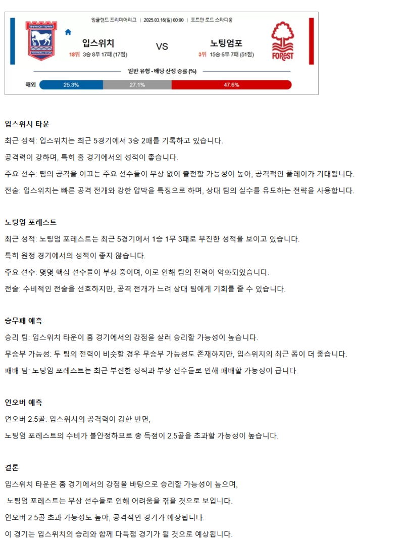 2025년 03월 16일 입스위치 노팅엄 스포츠 분석 및 중계 올스티비