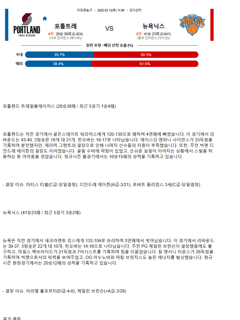 2025년3월13일 포틀랜드 트레일 블레이저스 뉴욕 닉스 해외농구 중계 및 분석 올스티비