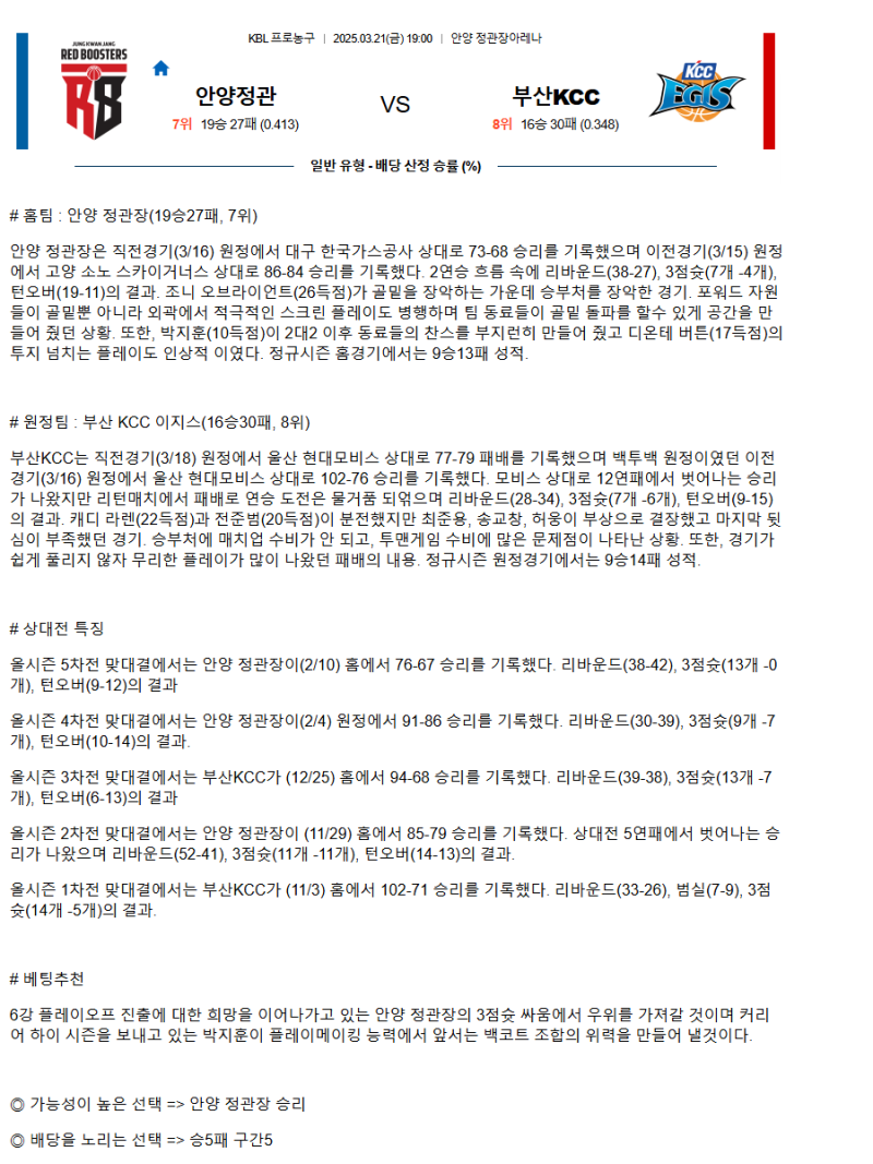 2025년3월21일 안양 정관장 레드부스터스 부산 KCC 이지스 KBL 올스티비