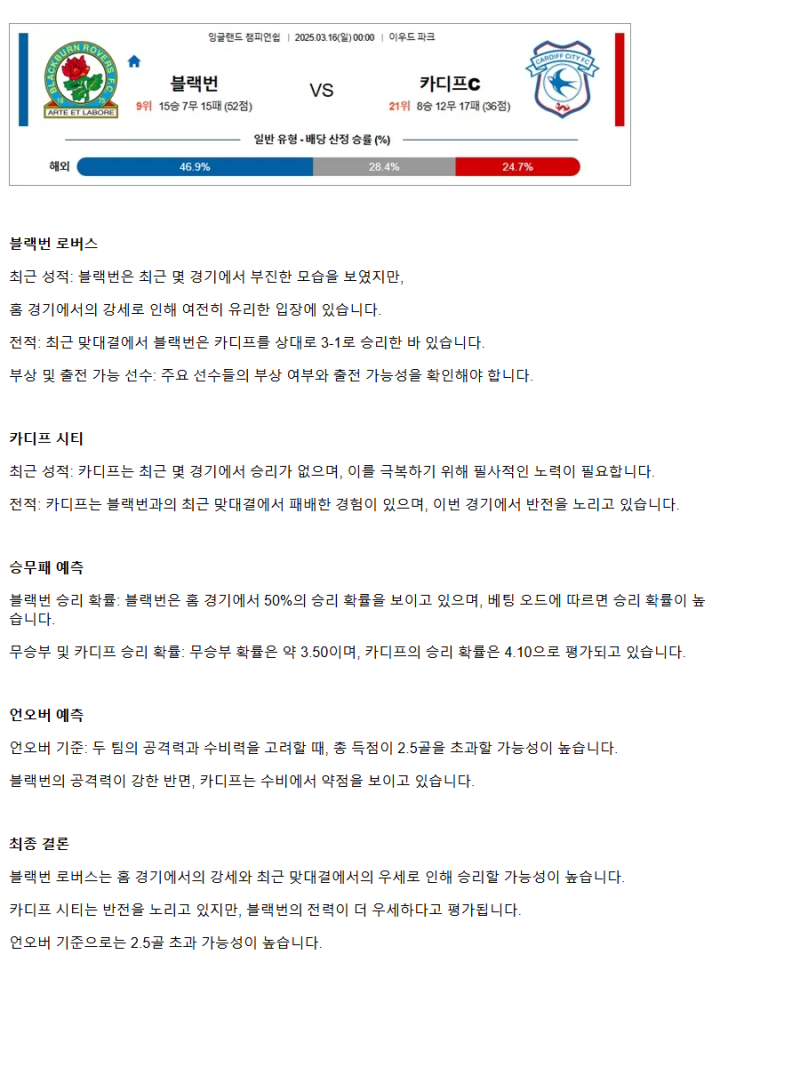 2025년 03월 16일 블랙번 카디프시티 해외스포츠 분석 및 중계 올스티비