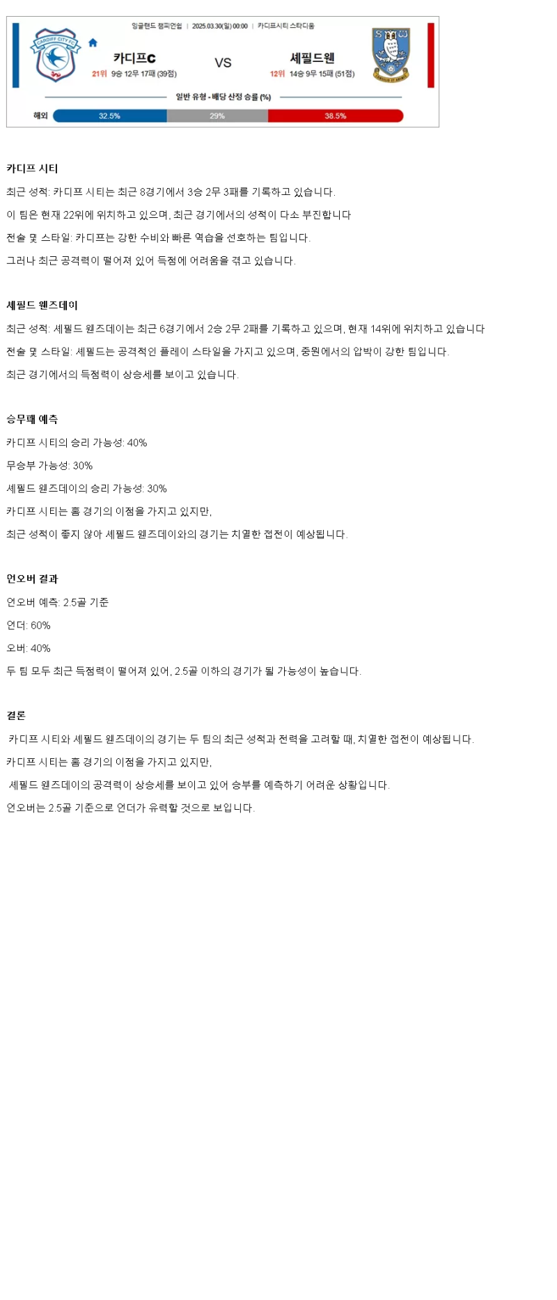 2025년 03월 30일 카디프 셰필드 웬즈데이 해외축구 중계 및 분석 올스티비
