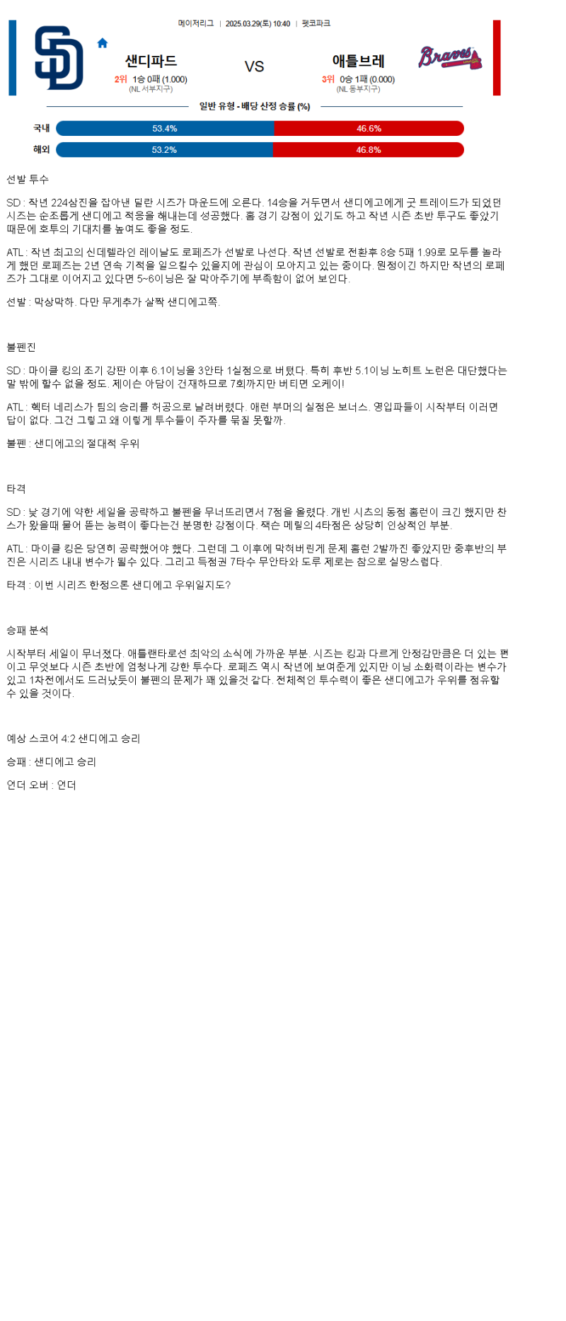 2025년 03월 29일 샌디에이고 애틀랜타 MLB 분석 및 중계 올스티비