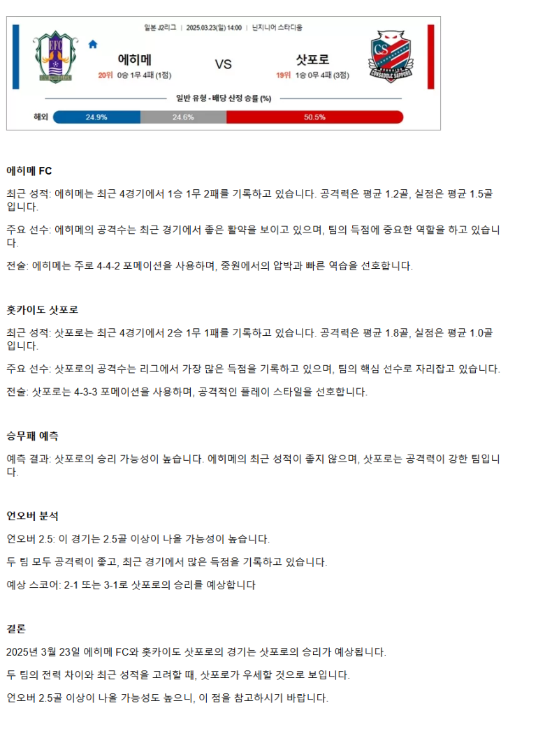 2025년3월23일 에히메 삿포로 해외스포츠 중계 및 분석 올스티비