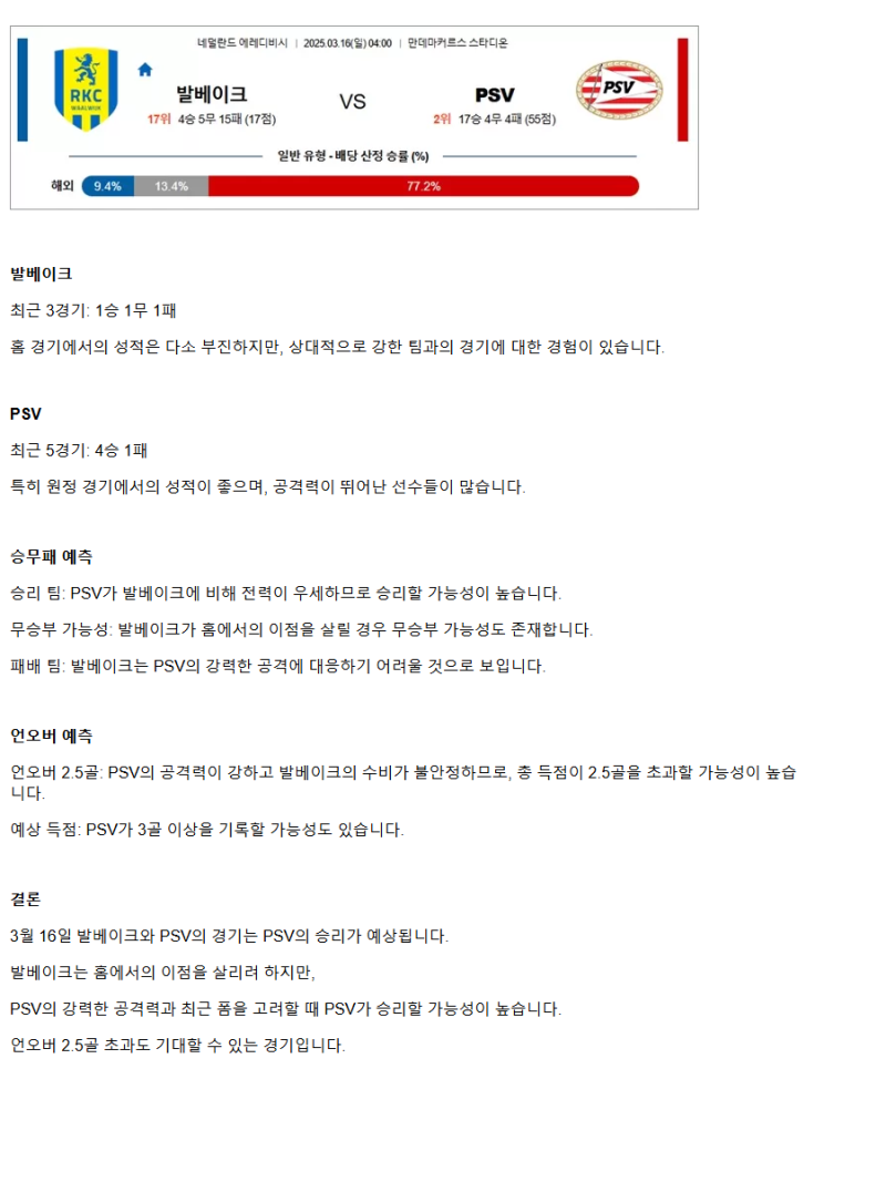 2025년3월16일 RKC 발베이크 PSV 아인트호벤 해외스포츠 중계 및 분석 올스티비