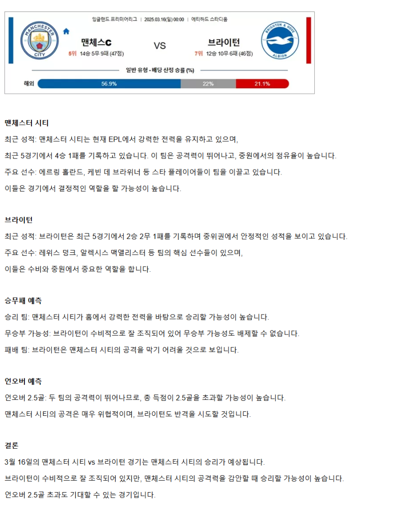 2025년 03월 16일 맨시티 브라이턴 해외축구 분석 및 중계 올스티비