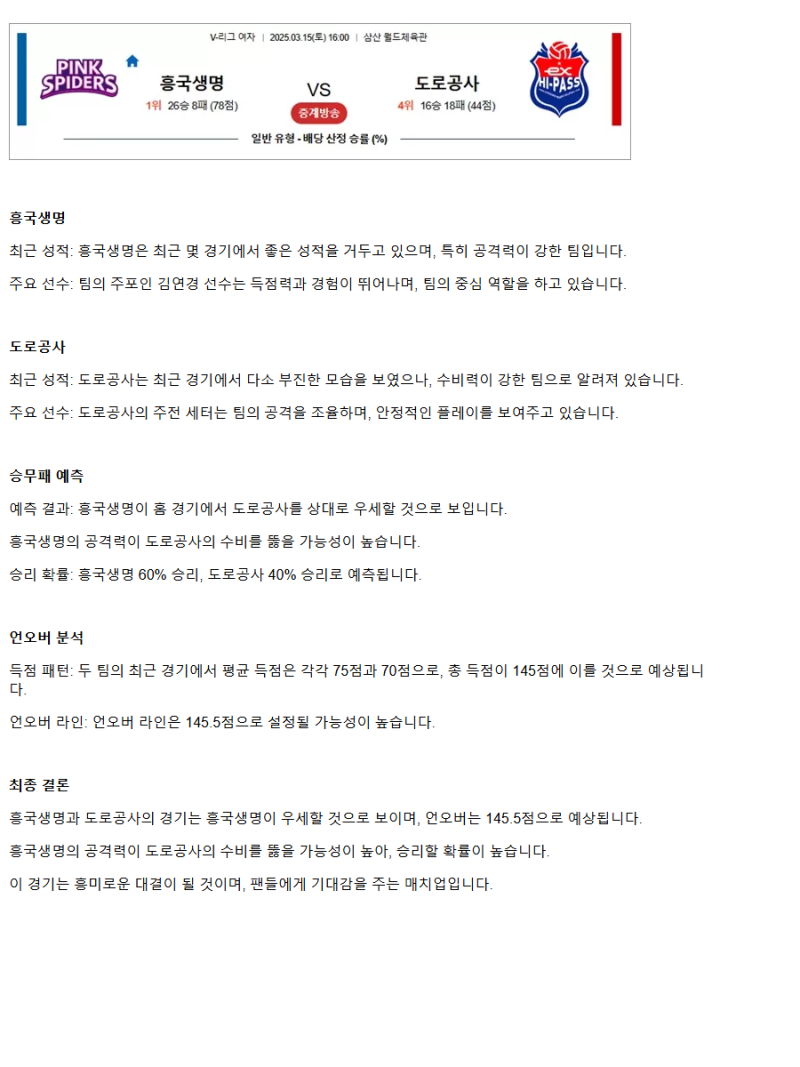 2025년 03월 15일 흥국생명 핑크스파이더스 배구단 한국도로공사 하이패스 배구단 배구 중계 및 분석 올스티비