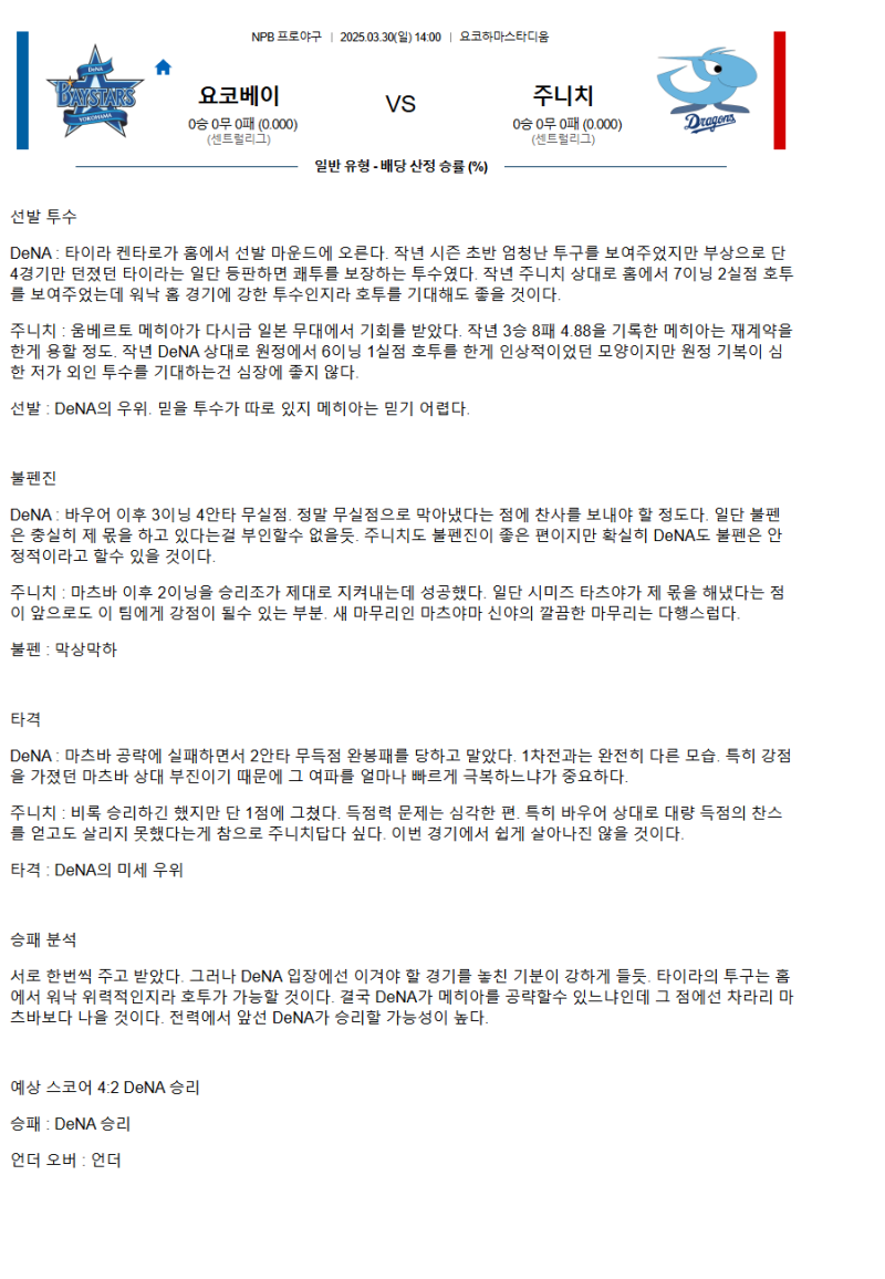 2025년3월30일 주니치 드래건스 요코하마 DeNA베이스타스 일야 분석 및 중계 올스티비