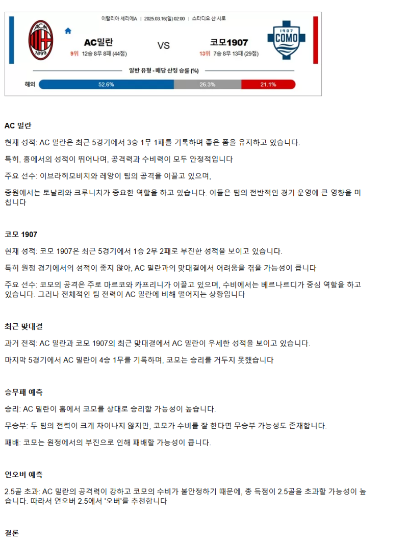 2025년 03월 16일 밀란 코모 해외축구 중계 및 분석 올스티비