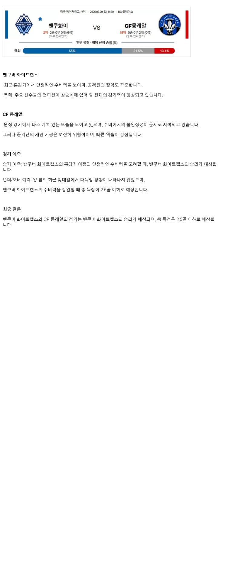 2025년 03월 09일 화이트캡스 몬트리얼 해외스포츠 분석 및 중계 올스티비