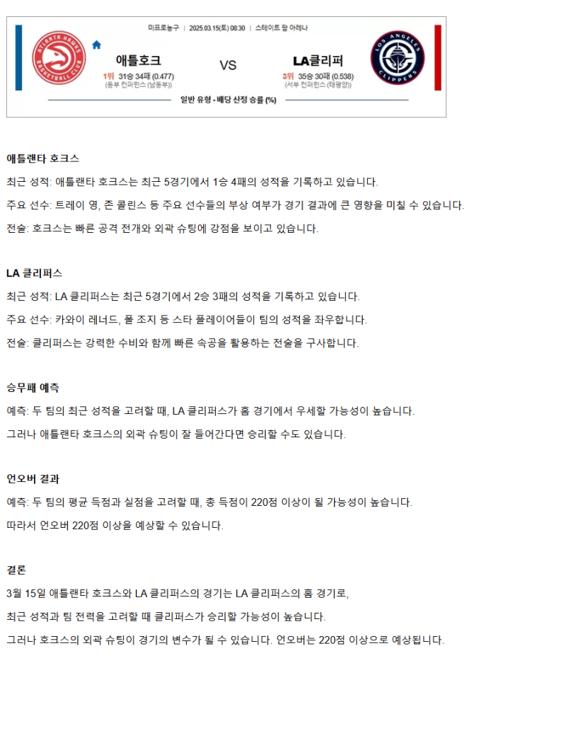 2025년3월15일 애틀랜타 호크스 LA 클리퍼스 해외농구 중계 및 분석 올스티비