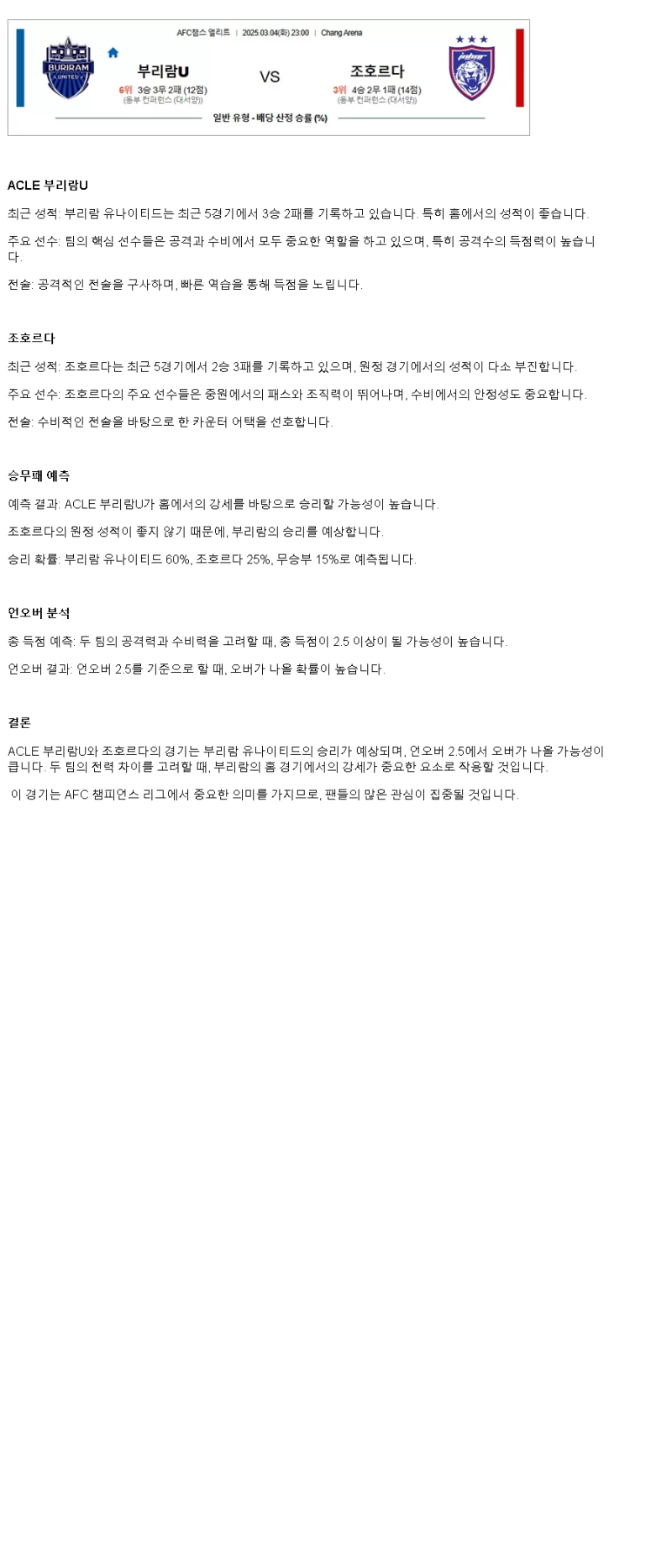 2025년 03월 04일 부리람 다룰 탁짐 스포츠 분석 및 중계 올스티비