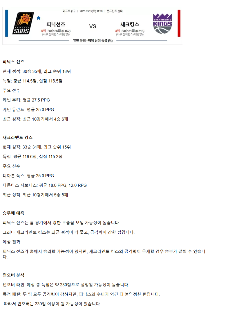 2025년3월15일 피닉스 선즈 새크라멘토 킹스 NBA 중계 및 분석 올스티비
