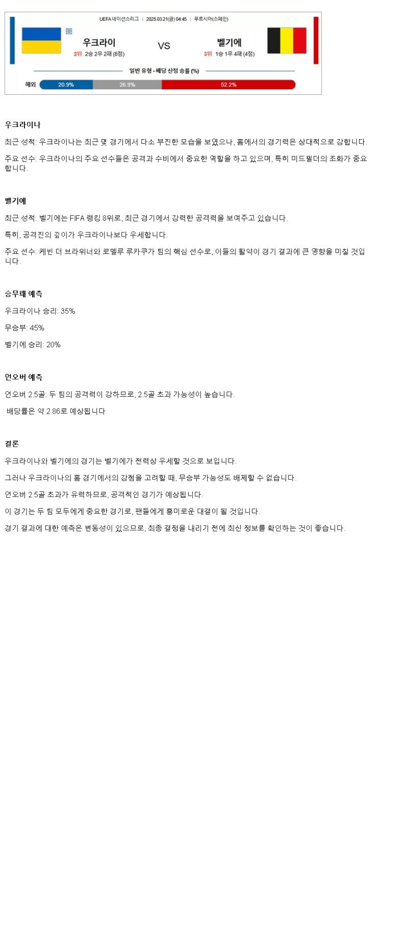 2025년 03월 21일 우크라이나 벨기에 해외스포츠 중계 및 분석 올스티비