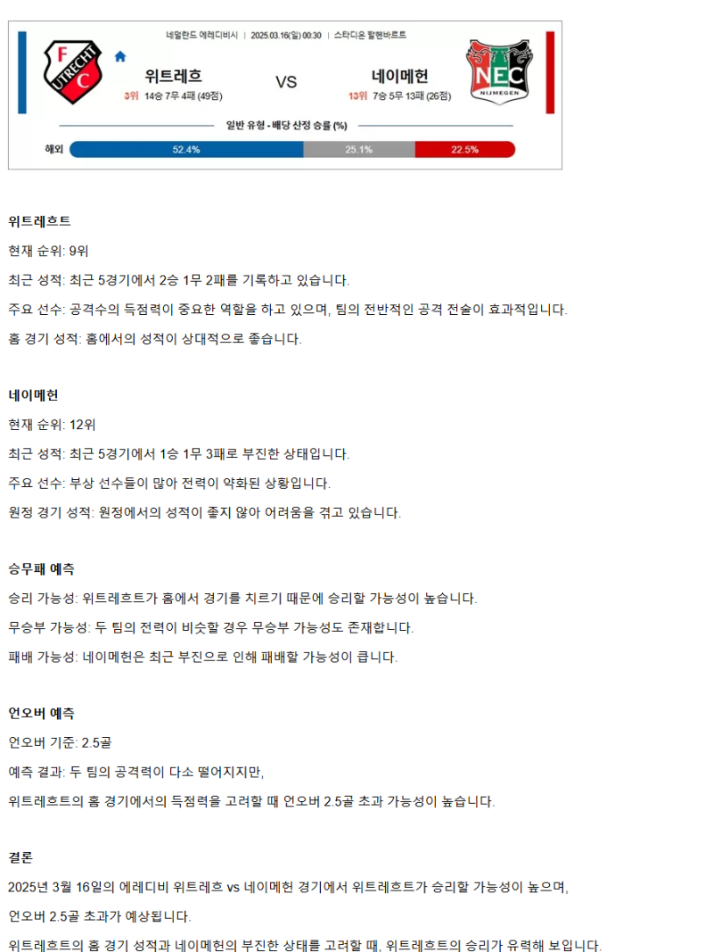 2025년3월16일 FC 위트레흐트 NEC 네이메헌 해외축구 중계 및 분석 올스티비