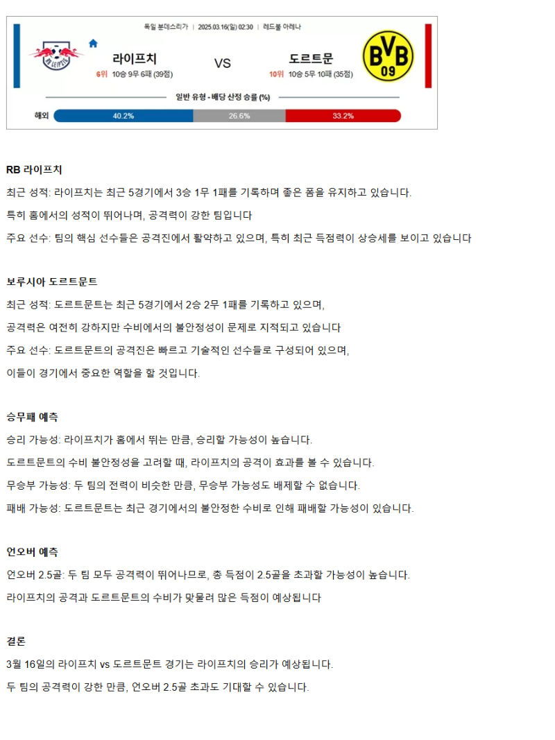 2025년 03월 16일 라이프치히 도르트문트 스포츠 분석 및 중계 올스티비