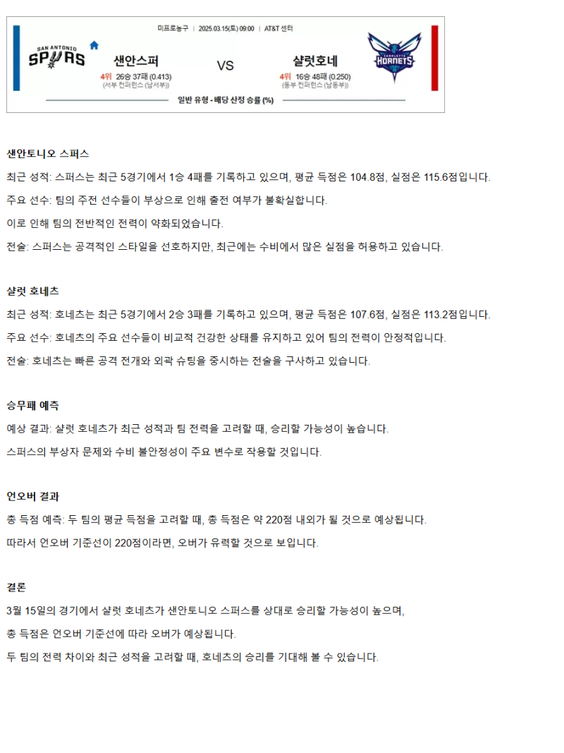 2025년3월15일 샌안토니오 스퍼스 샬럿 호네츠 NBA 중계 및 분석 올스티비