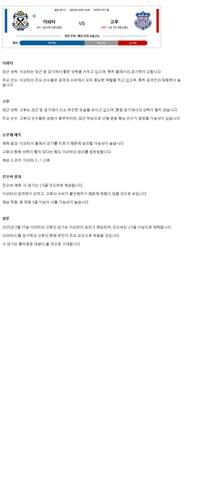 2025년 03월 15일 이와타 고후 해외스포츠 중계 및 분석 올스티비